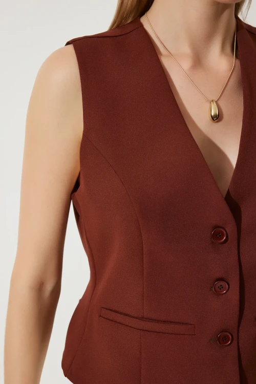 Kadın Kahverengi Düğmeli Astarlı Yelek HZL25S-BD167961