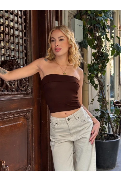 Kadın Kahverengi Katlamalı Straplez Bluz HZL24S-ZK11301