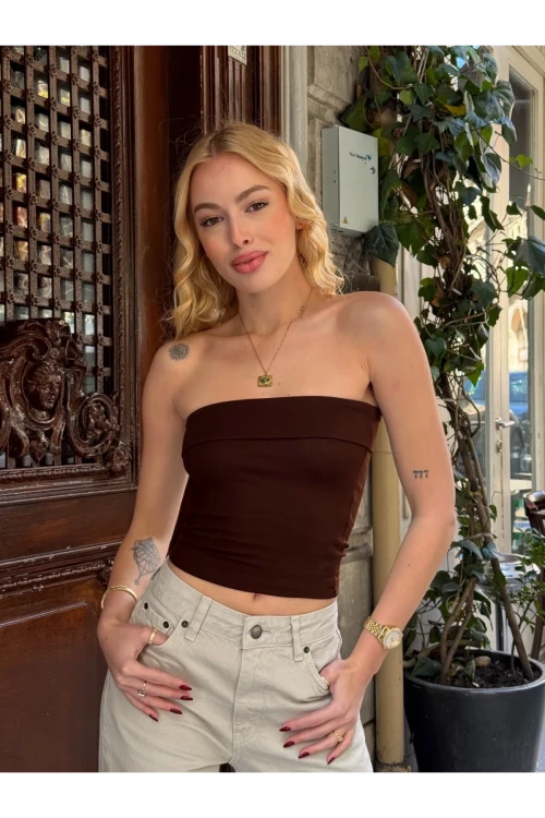 Kadın Kahverengi Katlamalı Straplez Bluz HZL24S-ZK11301