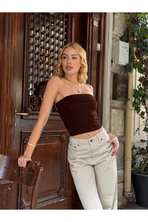 Kadın Kahverengi Katlamalı Straplez Bluz HZL24S-ZK11301