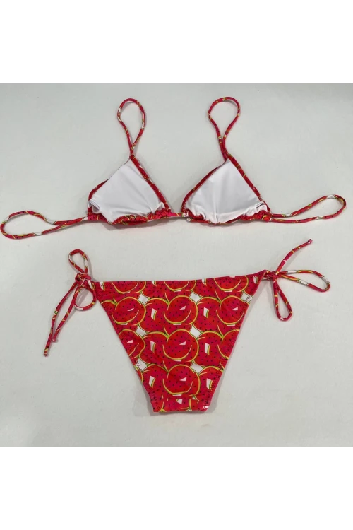 Kadın Kırmızı Karpuz Desen Boyundan İp Bağlamalı Üçgen Bikini Takımı HZL25S-LC5005