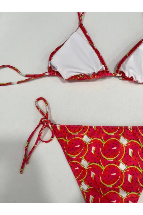 Kadın Kırmızı Karpuz Desen Boyundan İp Bağlamalı Üçgen Bikini Takımı HZL25S-LC5005