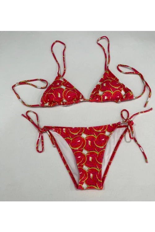 Kadın Kırmızı Karpuz Desen Boyundan İp Bağlamalı Üçgen Bikini Takımı HZL25S-LC5005