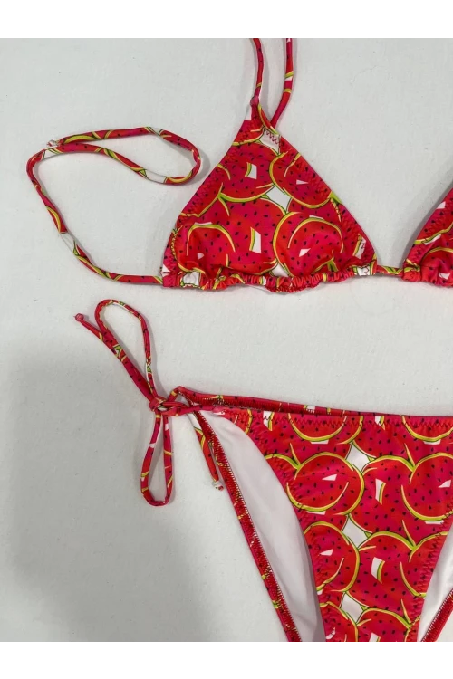 Kadın Kırmızı Karpuz Desen Boyundan İp Bağlamalı Üçgen Bikini Takımı HZL25S-LC5005