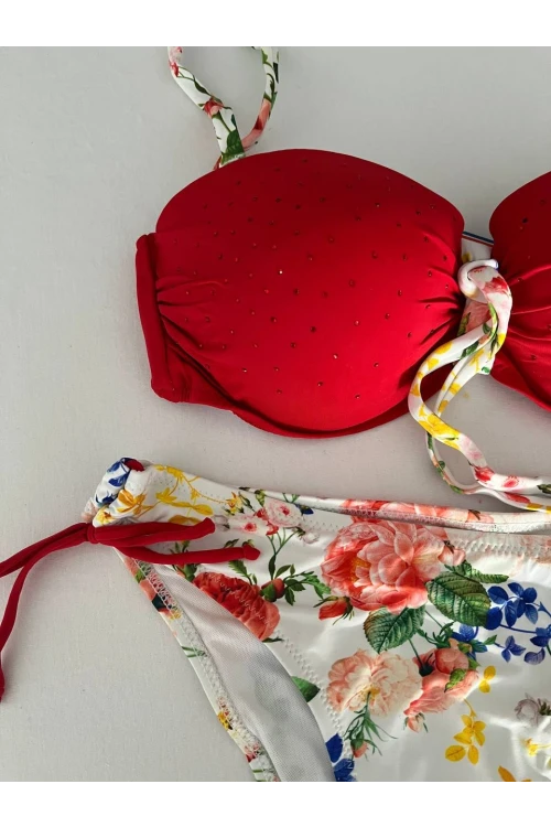 Kadın Kırmızı Taş İşlemeli Astarlı Bikini Takım HZL25S-LC208
