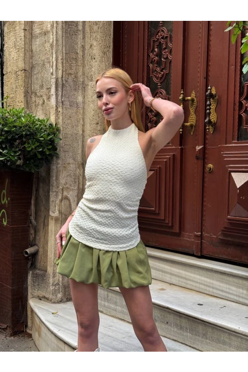 Kadın Krem Boyundan Bağlamalı Gofre Kumaş Bluz HZL25S-ZK13631