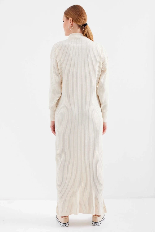 Kadın Krem Fermuarlı Yaka  Fitilli Triko Boydan Elbise HZL24W-BD1102271