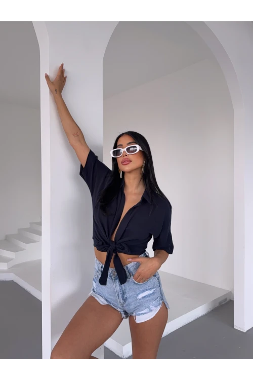 Kadın Lacivert Bağlama Detaylı Müslin Keten Bluz HZL25S-DSB1212