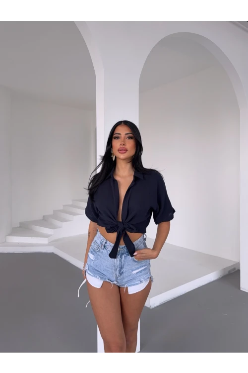 Kadın Lacivert Bağlama Detaylı Müslin Keten Bluz HZL25S-DSB1212