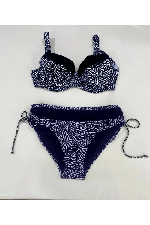 Kadın Lacivert Beyaz Desenli Büyük Beden Astarlı Bikini Takım HZL25S-LC4006