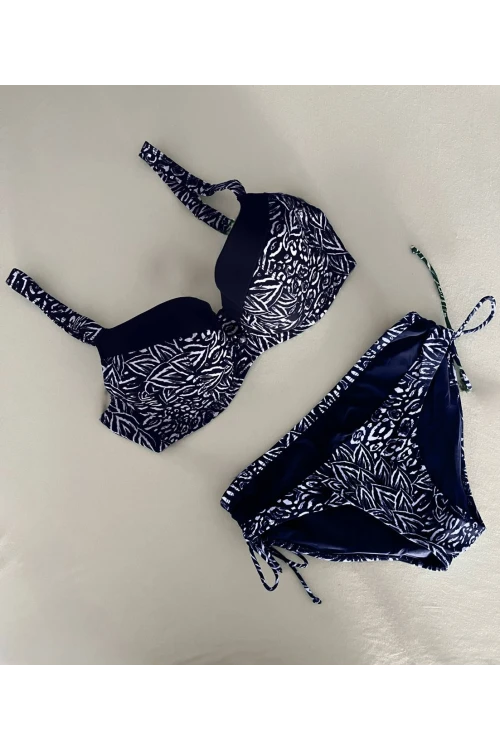 Kadın Lacivert Beyaz Desenli Büyük Beden Astarlı Bikini Takım HZL25S-LC4006