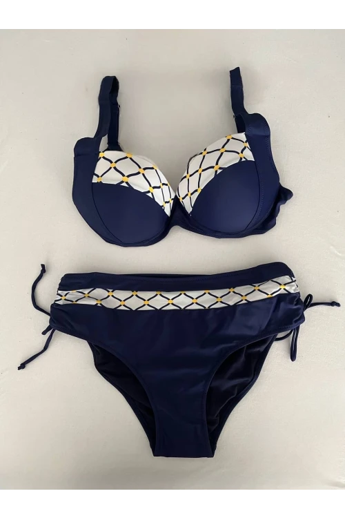 Kadın Lacivert Beyaz Etnik Desenli Bikini Takım HZL25S-LC2220