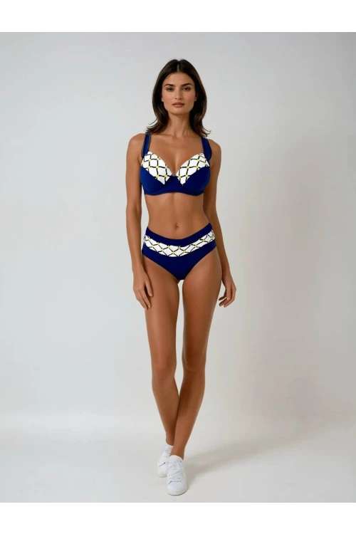 Kadın Lacivert Beyaz Etnik Desenli Bikini Takım HZL25S-LC2220