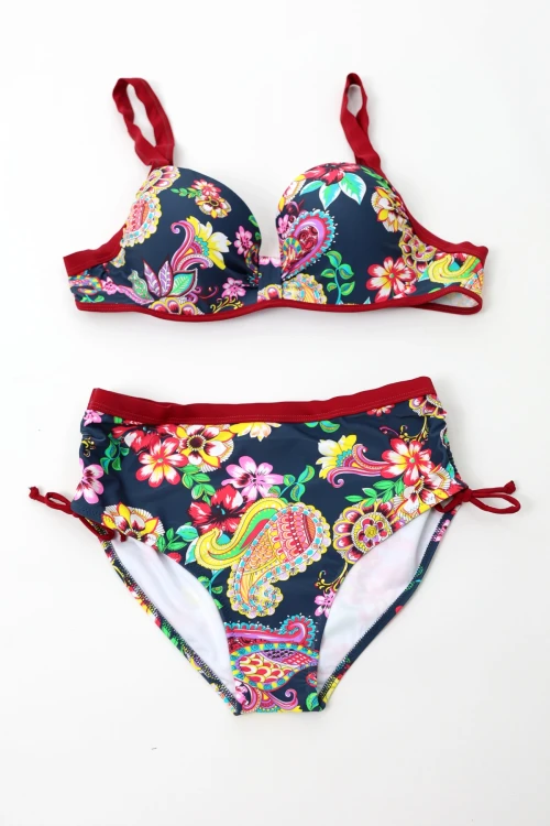 Kadın Lacivert Bordo Çiçek Desenli Yüksek Bel Toparlayıcı Bikini Takım HZL24S-LC3321