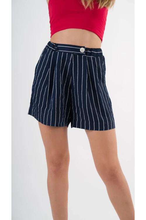 Kadın Lacivert Çizgili  Beli Lastikli Düğme Detaylı Cepli Şort HZL24S-YY277