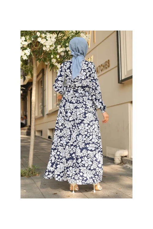 Kadın Lacivert Desenli Hakim Yaka Yazlık Uzun Elbise HZL25W-BD122971