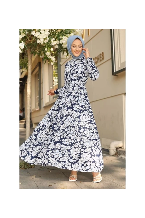 Kadın Lacivert Desenli Hakim Yaka Yazlık Uzun Elbise HZL25W-BD122971