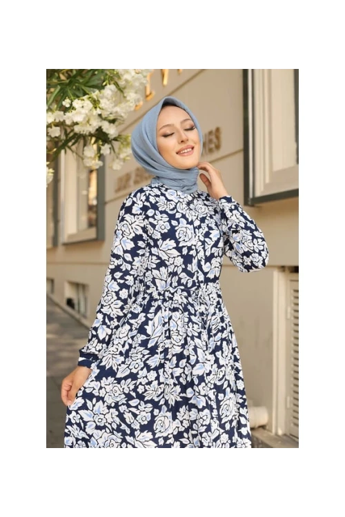 Kadın Lacivert Desenli Hakim Yaka Yazlık Uzun Elbise HZL25W-BD122971