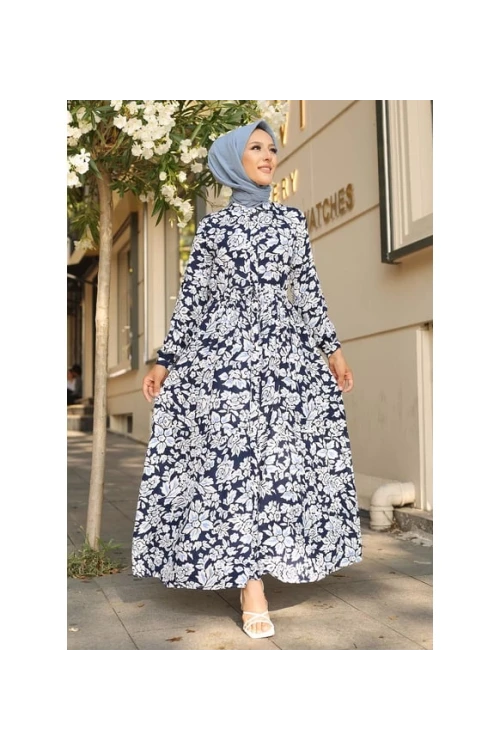 Kadın Lacivert Desenli Hakim Yaka Yazlık Uzun Elbise HZL25W-BD122971
