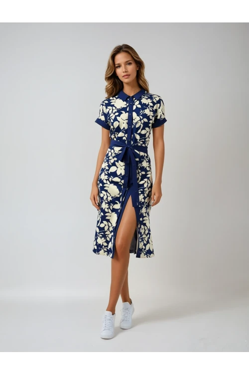 Kadın Lacivert Krem Kuşaklı Çiçek Desenli Düğmeli Yazlık Viskon Elbise HZL24S-BD124551