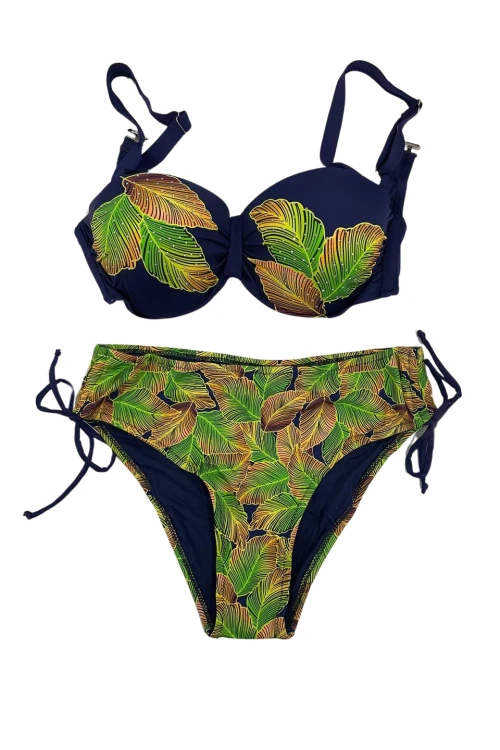 Kadın Lacivert Yaprak Desenli Taş İşlemeli Astarlı Bikini Takım HZL25S-LC3305