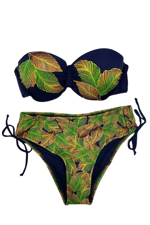 Kadın Lacivert Yaprak Desenli Taş İşlemeli Astarlı Bikini Takım HZL25S-LC3305