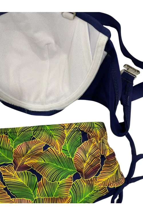 Kadın Lacivert Yaprak Desenli Taş İşlemeli Astarlı Bikini Takım HZL25S-LC3305