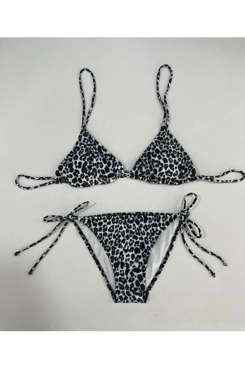 Kadın Leopar Siyah Boyundan İp Bağlamalı Üçgen Bikini Takımı HZL25S-LC5005