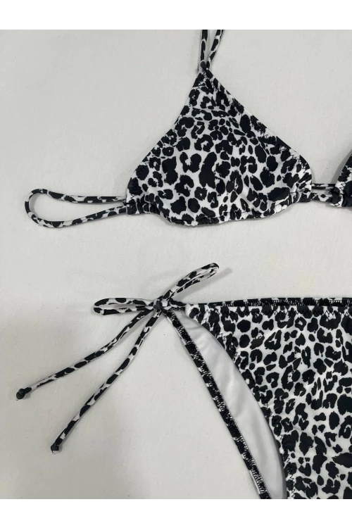 Kadın Leopar Siyah Boyundan İp Bağlamalı Üçgen Bikini Takımı HZL25S-LC5005