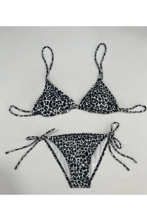 Kadın Leopar Siyah Boyundan İp Bağlamalı Üçgen Bikini Takımı HZL25S-LC5005