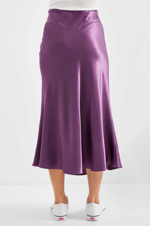 Kadın Lila Saten Yüzeyli Beli Lastikli Midi Boy Etek Hzl23S-BD1101471