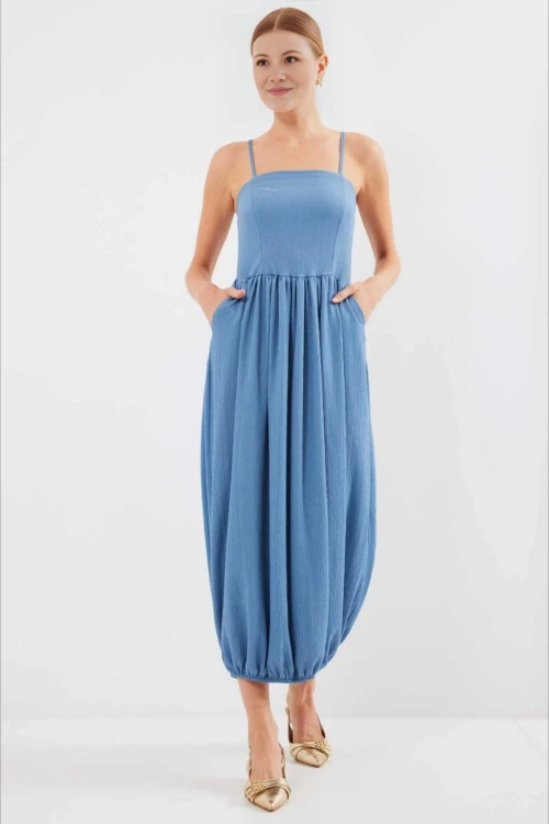 Kadın Mavi Ayarlanabilir Askılı Paçası Lastikli Slopet Elbise HZL24S-BD124921