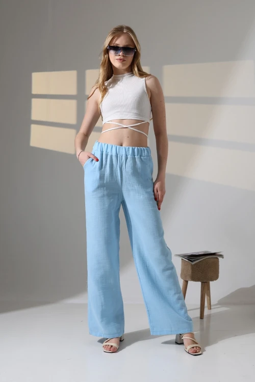 Kadın Mavi Beli Lastikli Müslin Kumaş Bol Paça Pantolon HZL25S-DSB12221