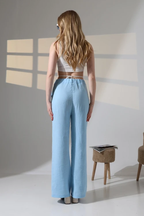 Kadın Mavi Beli Lastikli Müslin Kumaş Bol Paça Pantolon HZL25S-DSB12221