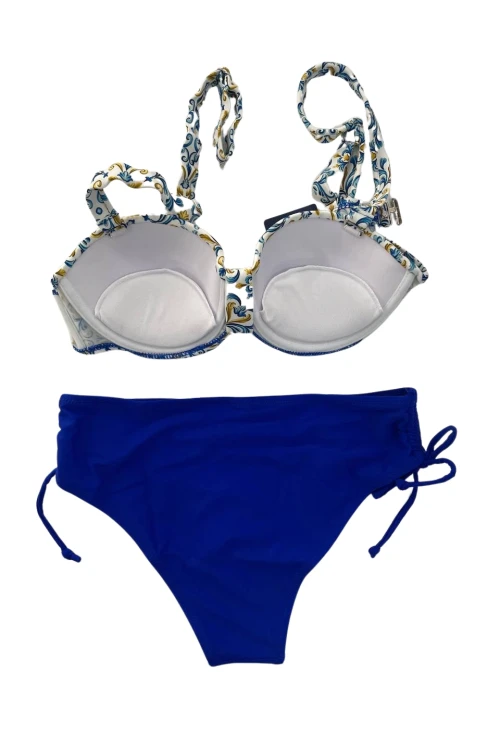 Kadın Mavi Beyaz Desenli Taş İşlemeli  Astarlı Bikini Takım HZL25S-LC3309