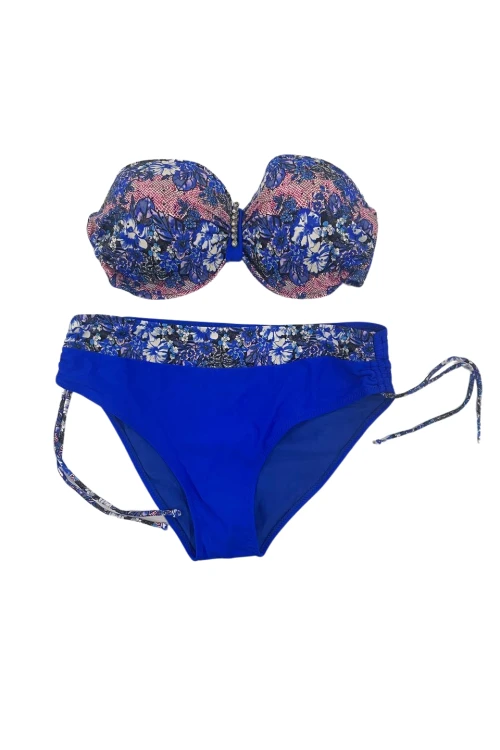 Kadın Mavi Çiçek Desenli Büyük Beden Astarlı Lacivert Bikini Takım HZL25S-LC3301