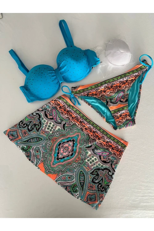 Kadın Mavi Taş İşlemeli Desenli 3 Parça Bikini Takım HZL25S-LC3326