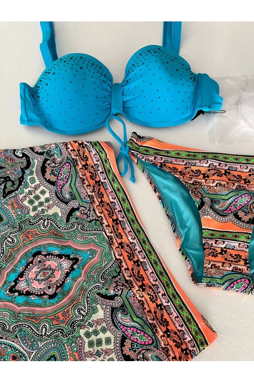Kadın Mavi Taş İşlemeli Desenli 3 Parça Bikini Takım HZL25S-LC3326