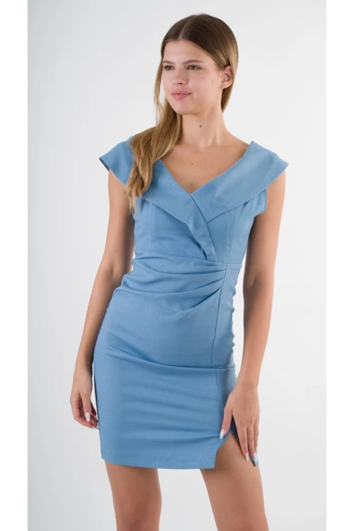 Kadın Mavi V Yaka Yırtmaç Detaylı Kolsuz Elbise HZL24S-YY272