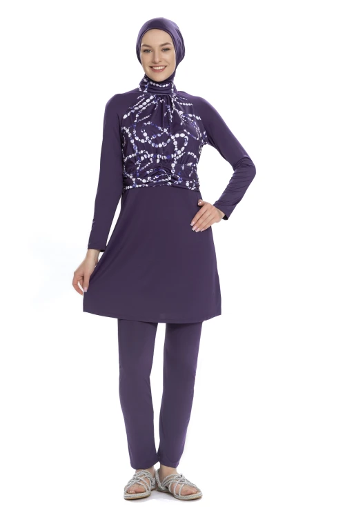 Kadın Mor Beyaz Desenli Uzun Kollu Tam Kapalı Tesettür Mayo HZL25S-AR259/23