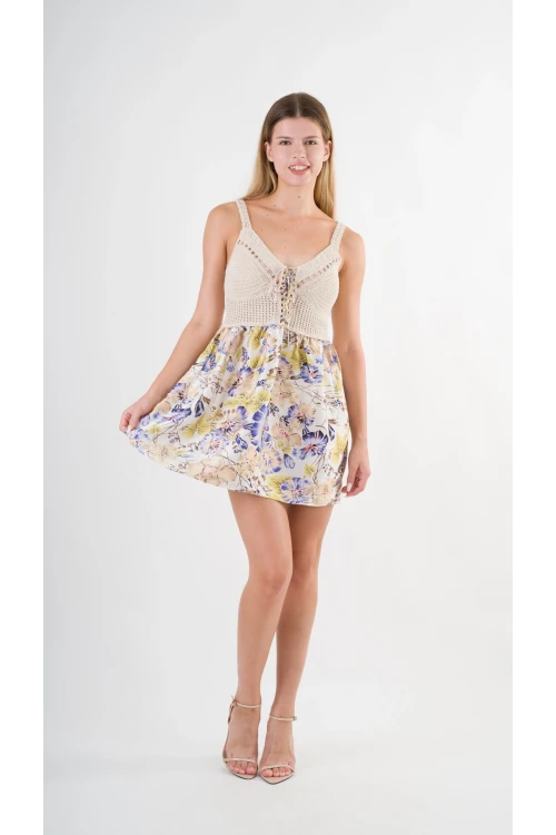 Kadın Mor Önden İp Bağlamalı Ajurlu Model Saten Yüzeyli Mini Elbise HZL24S-YY250