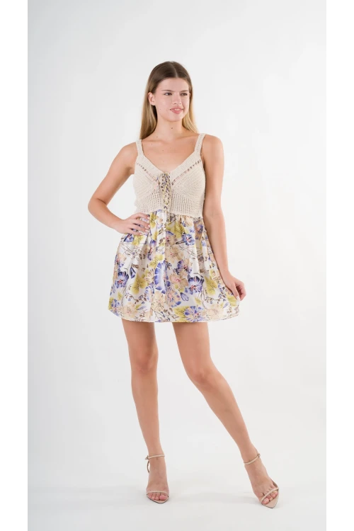 Kadın Mor Önden İp Bağlamalı Ajurlu Model Saten Yüzeyli Mini Elbise HZL24S-YY250