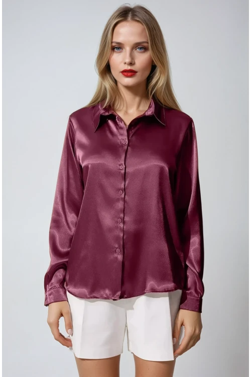Kadın Mürdüm Hafif Dökümlü Saten Yüzeyli Gömlek Hzl22w-bd139641