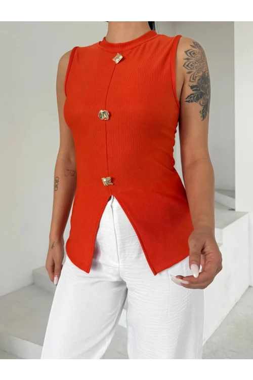 Kadın Oranj Bisiklet Yaka Düğme Detaylı Ottoman Kumaş Bluz HZL25S-FRY123091