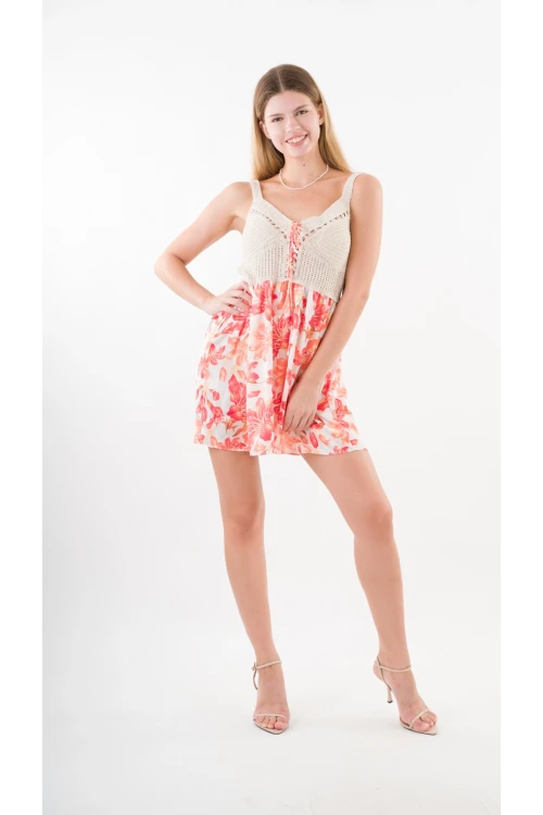 Kadın Oranj Önden İp Bağlamalı Ajurlu Model Saten Yüzeyli Mini Elbise HZL24S-YY250