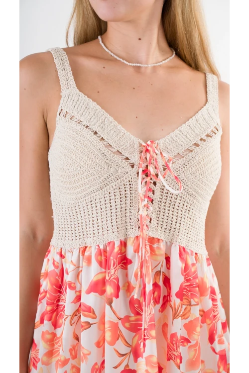 Kadın Oranj Önden İp Bağlamalı Ajurlu Model Saten Yüzeyli Mini Elbise HZL24S-YY250