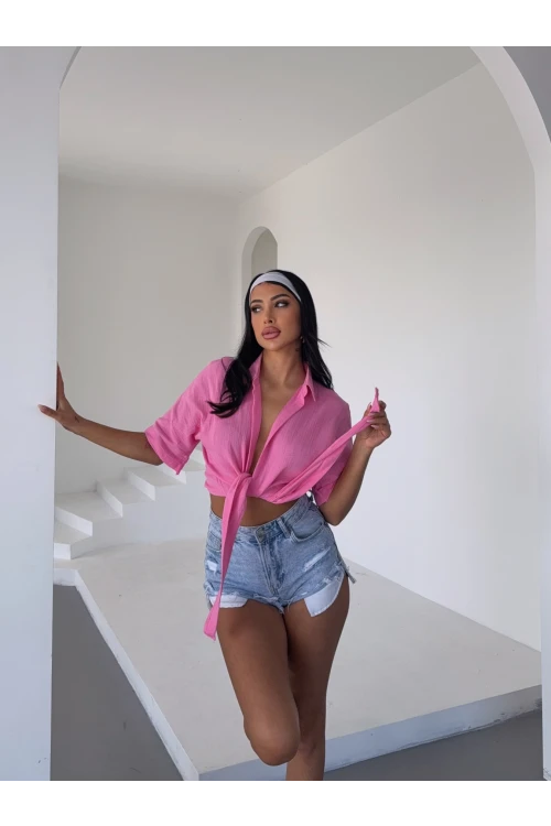 Kadın Pembe Bağlama Detaylı Müslin Keten Bluz HZL25S-DSB1212