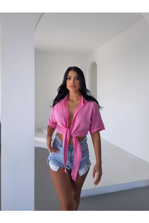 Kadın Pembe Bağlama Detaylı Müslin Keten Bluz HZL25S-DSB1212