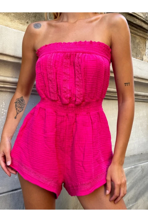 Kadın Pembe Beli Lastikli Straplez Tulum HZL25S-ZK11121