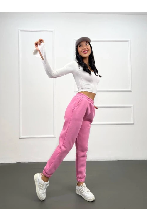 Kadın Pembe Cepli Beli Paçası Lastikli 3 İplik Şardonlu Eşofman Altı HZL24W-ZK12321